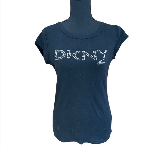 New with tags DKNY black cotton tee logo front done with crystal and grommets, S - Picture 2 of 7